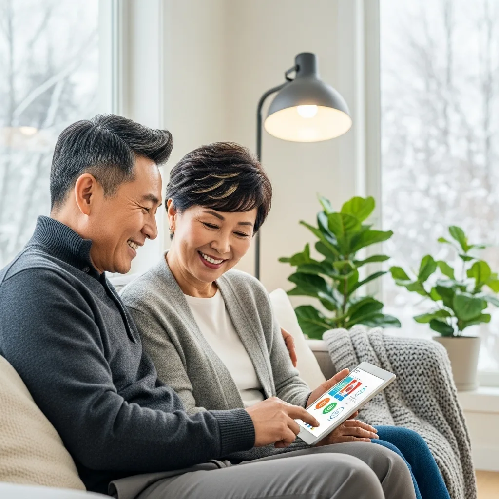 활기찬 노후를 설계하는 50대, 60대 남녀가 거실에서 태블릿을 보며 미소짓고 있는 모습