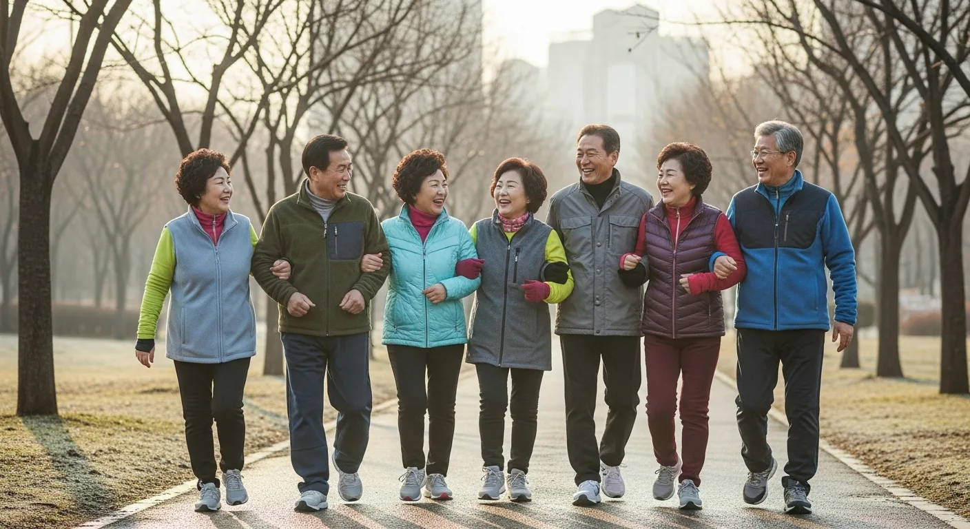 겨울 공원에서 함께 걸으며 즐겁게 대화하는 5060세대 친구들