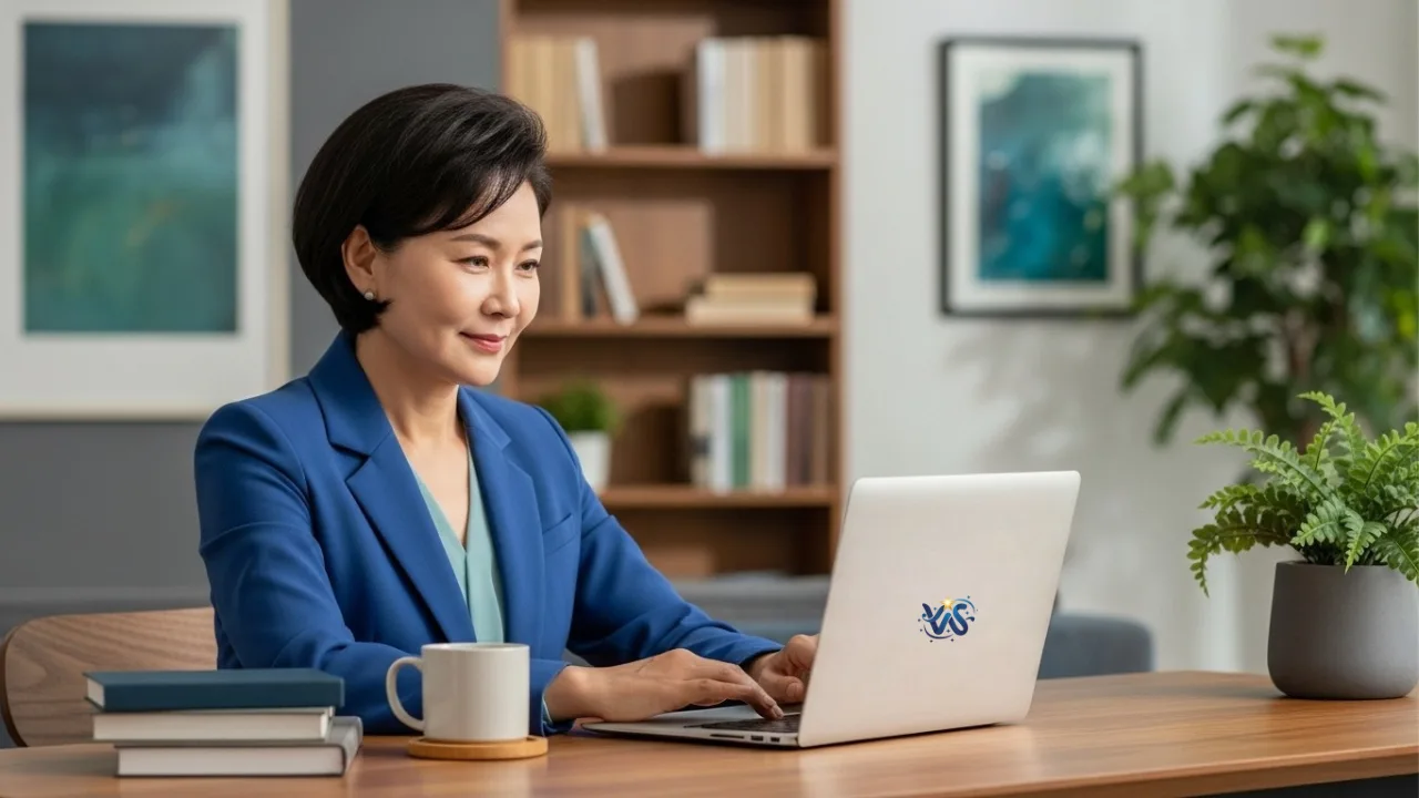 노트북으로 온라인 회의에 참여하며 제2의 인생을 살아가는 50대 여성