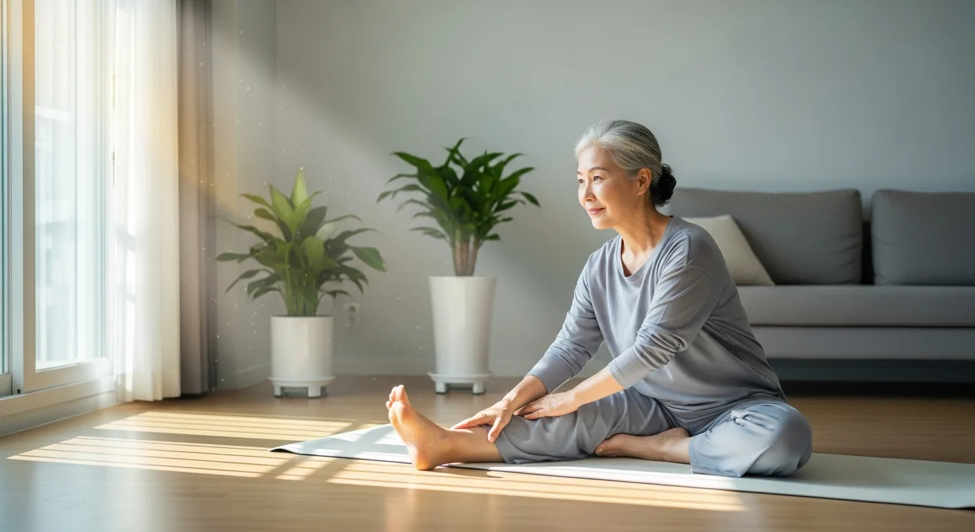 실내에서 스트레칭으로 혈관 건강을 관리하는 60대 여성