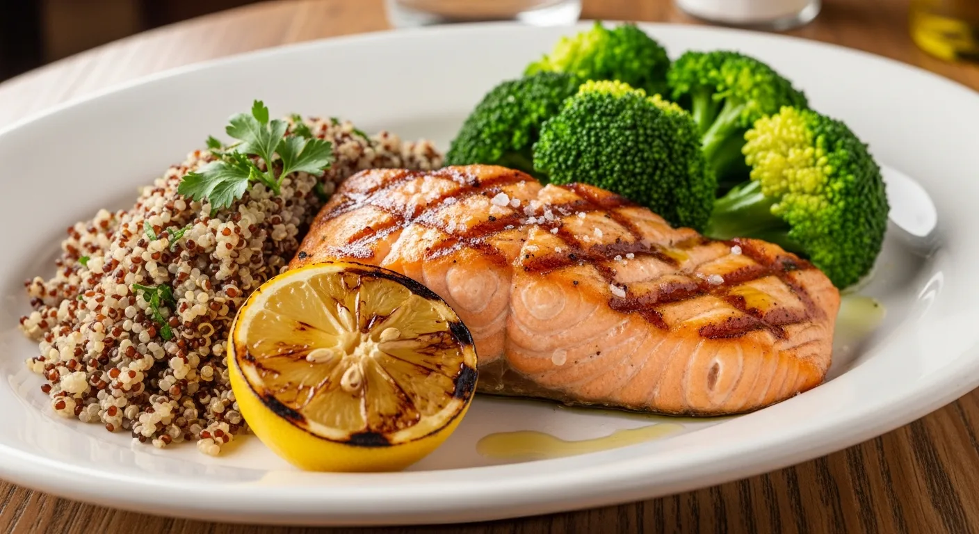 건강하게 조리된 연어와 채소 요리