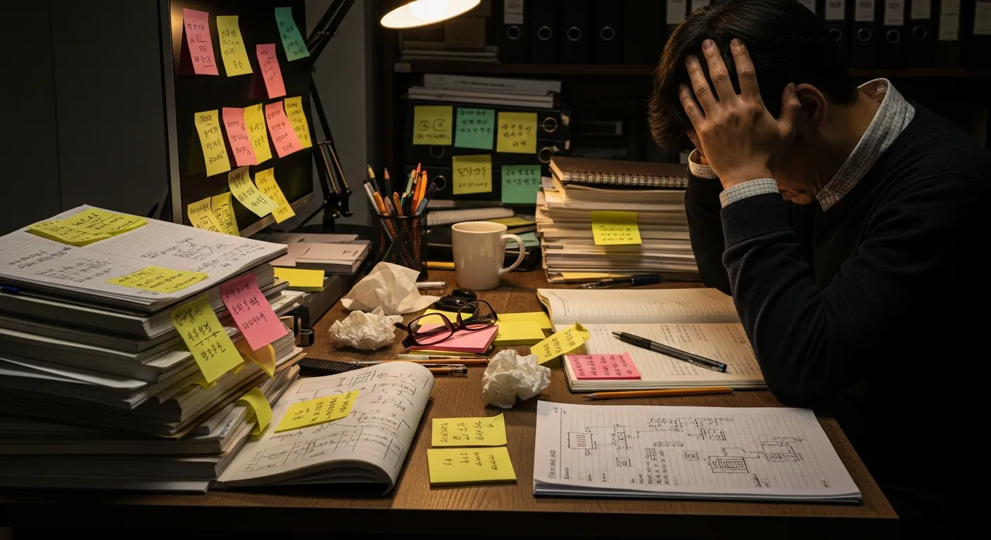 수동 블로그 관리의 어려움을 표현하는 복잡한 책상 위 모습