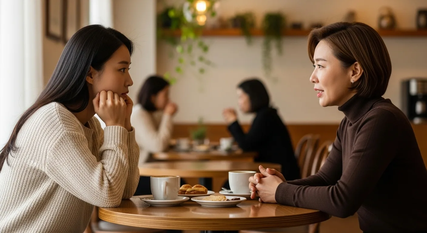 따뜻한 카페에서 두 친구가 서로의 이야기를 들어주며 위로하는 모습. 대인관계의 중요성을 보여줍니다.