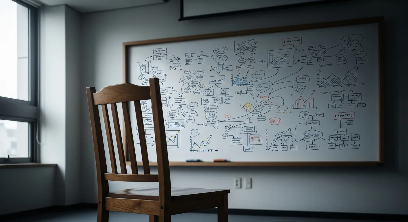 강의가 멈춘, 마케팅 도표가 그려진 화이트보드 앞의 빈 의자