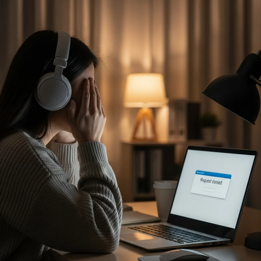 노트북 앞에서 애드센스 승인 거절 메일을 확인하고 고민하는 30대 여성