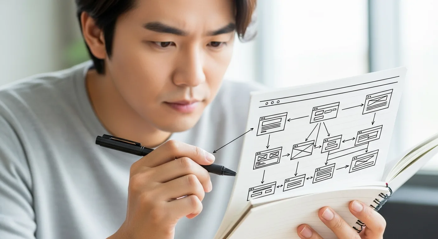 노트에 블로그 사이트 구조를 그리며 구상하는 남성