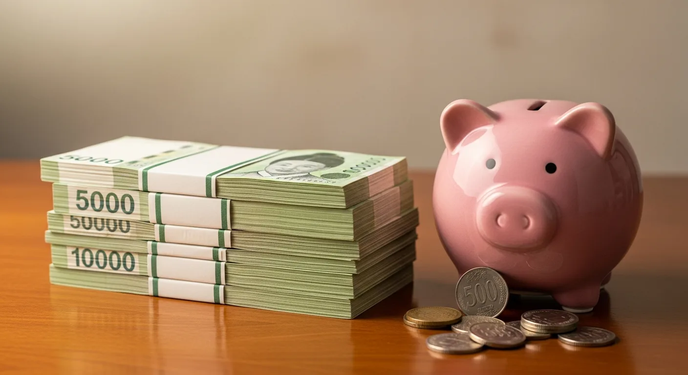 돼지 저금통 옆에 쌓여있는 지폐 다발로 안정적인 소득을 상징