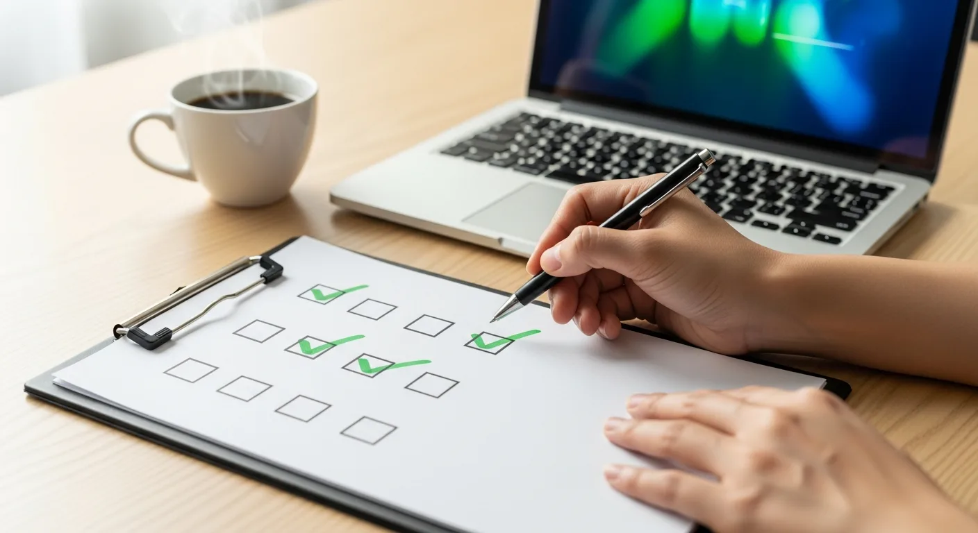 애드센스 승인 전략 체크리스트와 노트북이 놓인 책상