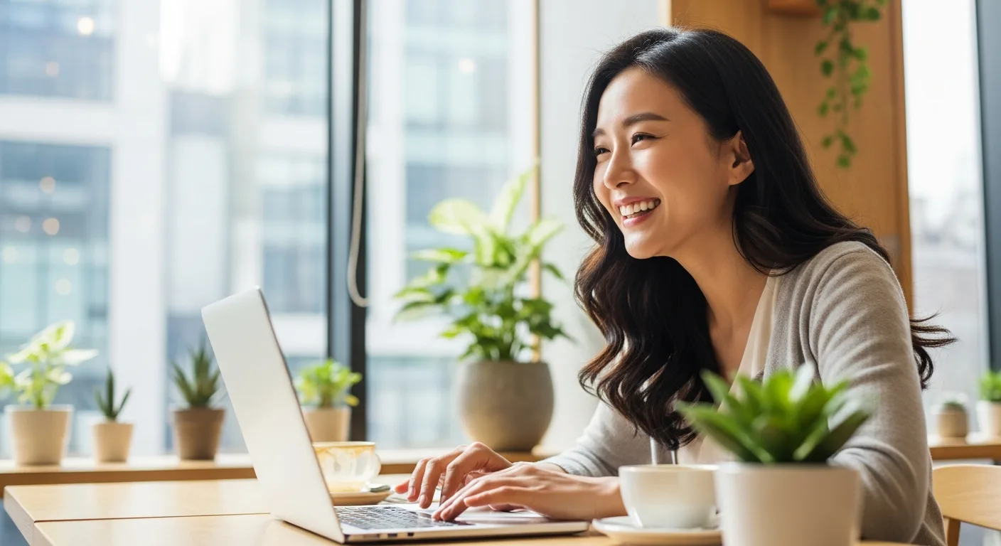 카페에서 노트북으로 블로그를 관리하며 만족스럽게 미소 짓는 여성
