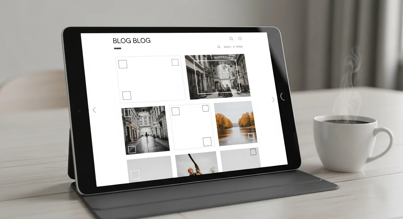커피와 함께 책상 위에 놓인 태블릿 PC의 워드프레스 블로그 화면