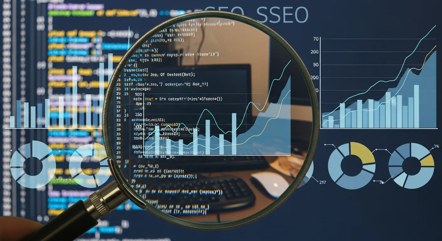 컴퓨터 화면의 SEO 분석 데이터를 돋보기로 살펴보는 모습