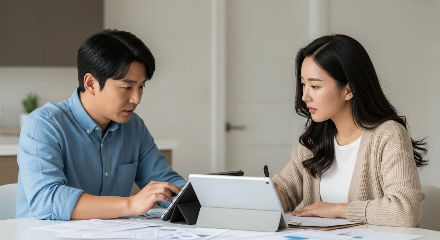 태블릿을 보며 재정 계획을 논의하는 30대 부부