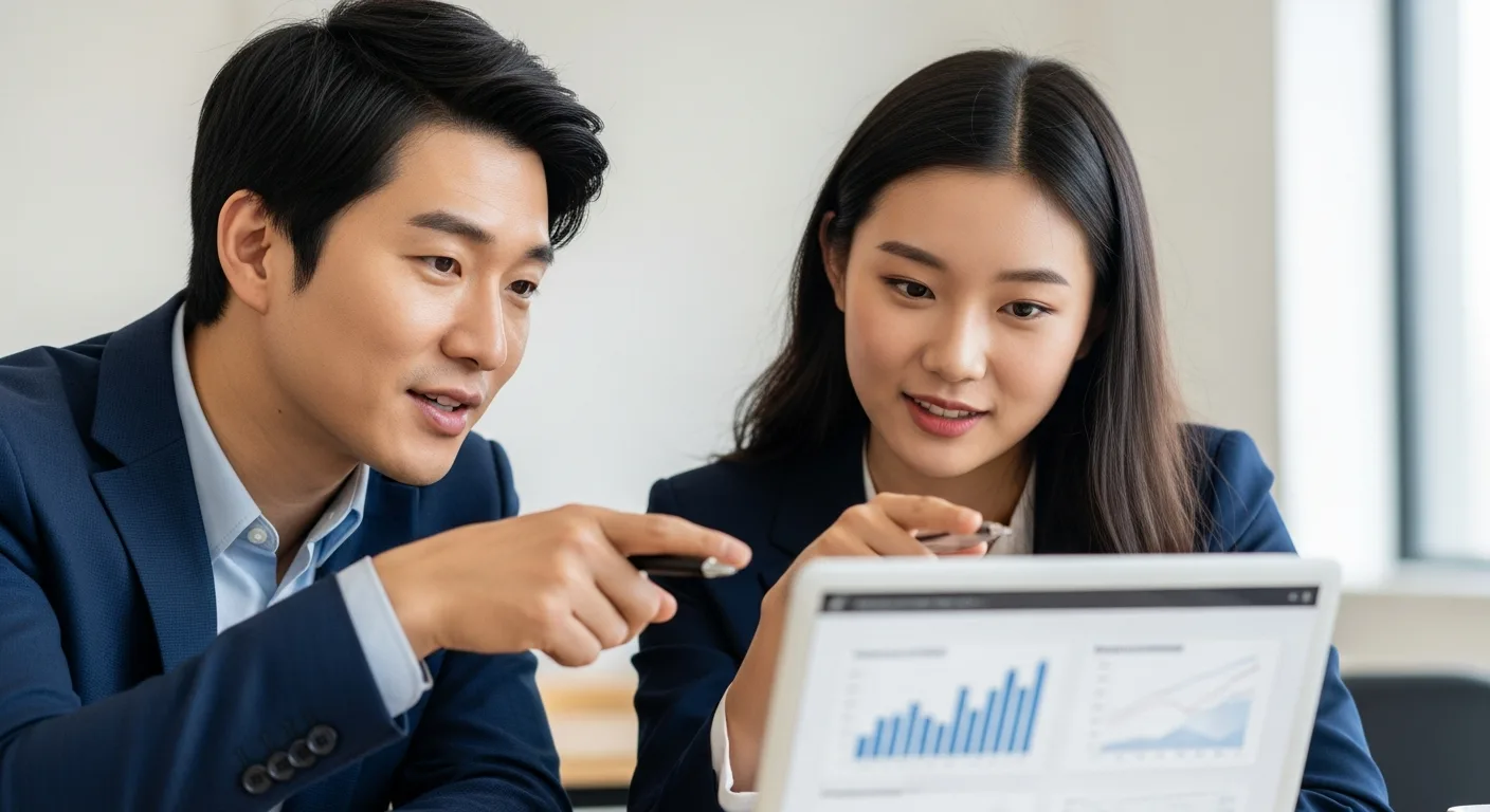 두 명의 동료가 노트북 화면을 보며 AI 스크립트 예시를 검토하고 있다